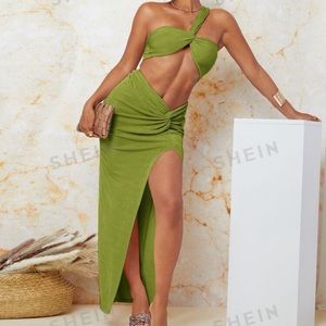 Green One Shoulder Twist Crop Top & Split
Thigh Skirt Set